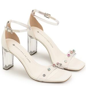 New White Leather PVC Clear Heels Gemstone strap sandals size 7 unique Y2K glam